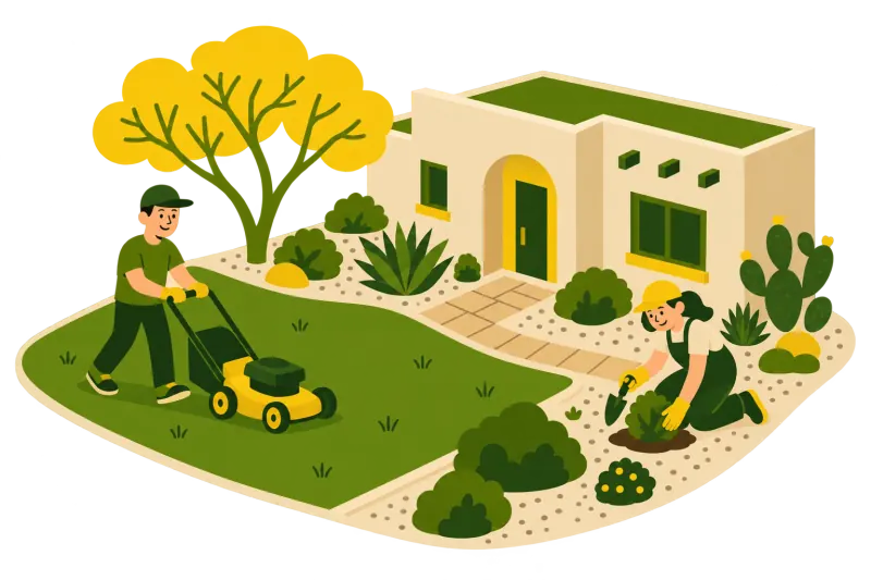 Shrub Boys crew mowing and planting a landscaped Arizona front yard