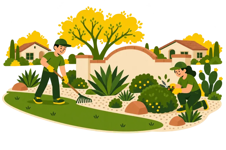 Shrub Boys crew trimming hedges and mowing across an HOA community